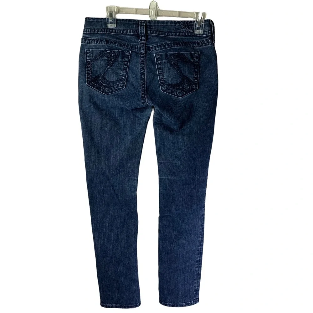 Silver SUKI Skinny Jeans with Embroidered Navy Blue S on Back Pockets W 29”X31”